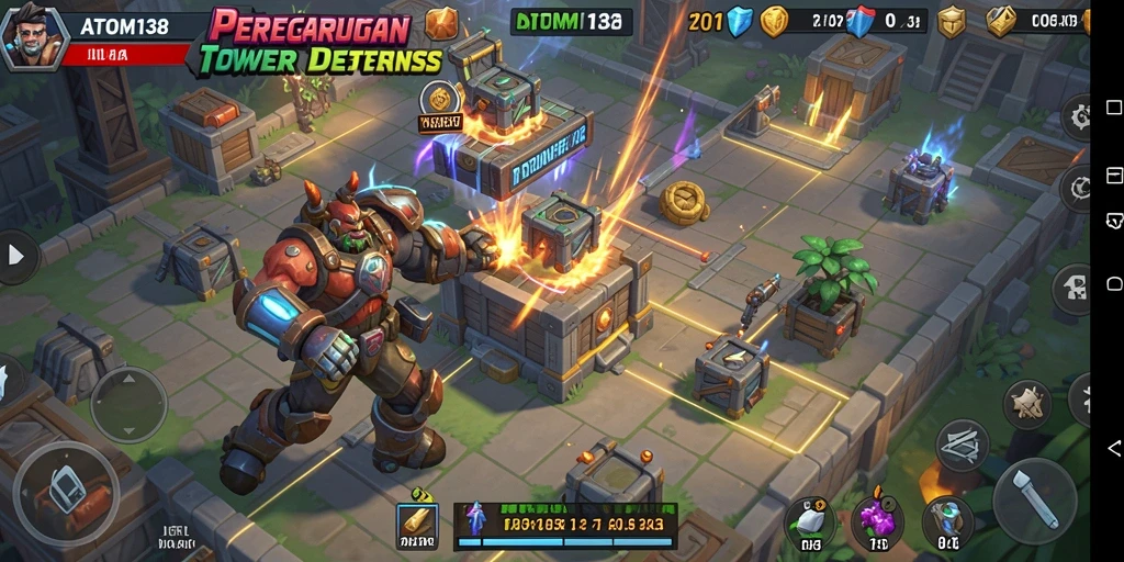 Screenshot utama ATOM138 menampilkan gameplay seru dan strategis di Tower Defense.