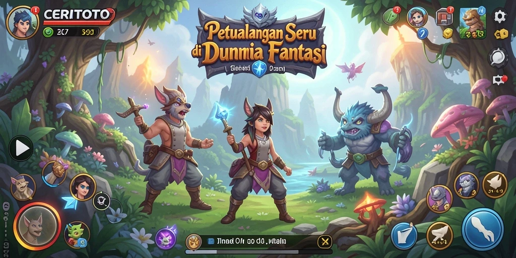 Tampilan gameplay ceria dalam dunia petualangan.