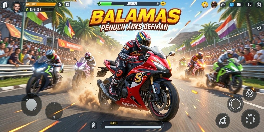 Tampilan gameplay JIN69 yang mendebarkan dengan balapan motor cepat.