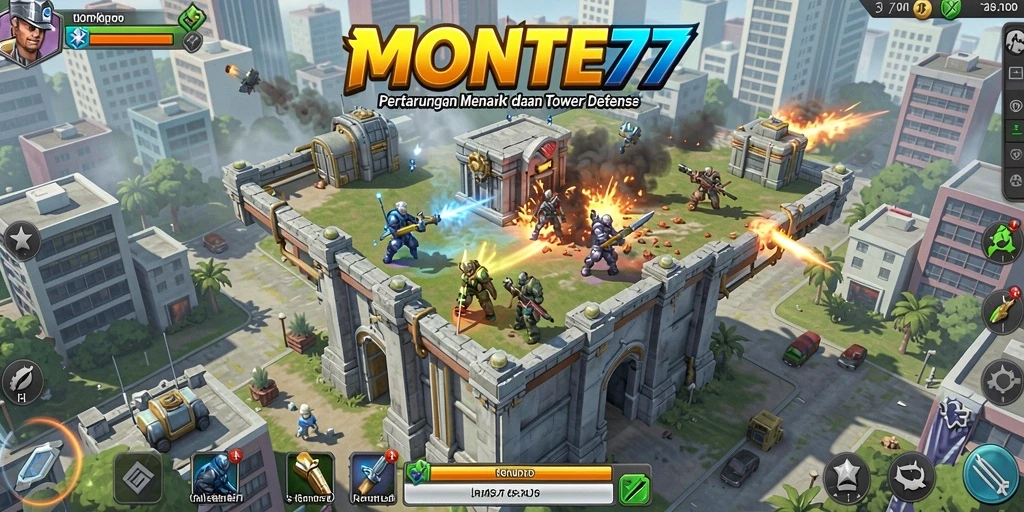 Screenshot gameplay <strong>MONTE77</strong> menampilkan menara yang siap mempertahankan base.