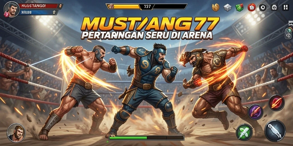 Tampilan gameplay MUSTANG77 dengan pertarungan penuh aksi.