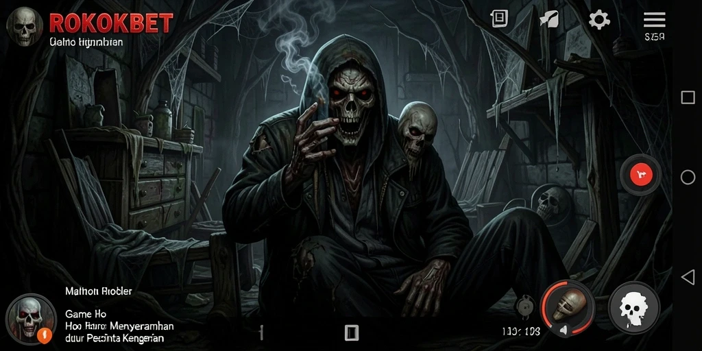Tangkapan layar gameplay ROKOKBET menunjukkan suasana horor yang mencekam.
