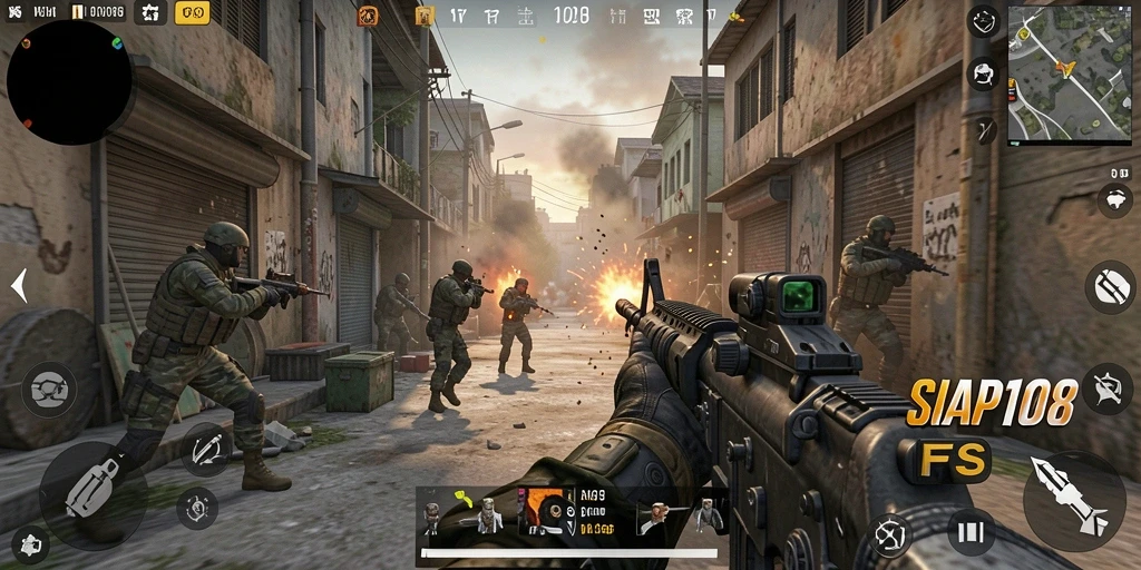 Screenshot gameplay SIAP108 dengan aksi menembak intens.
