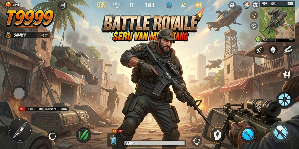 Screenshot utama T9999 menampilkan aksi menyerupai pertempuran Battle Royale.