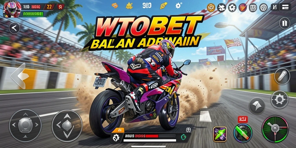 Screenshot gameplay <strong>WTOBET</strong> menampilkan balapan motor yang seru dan mendebarkan.